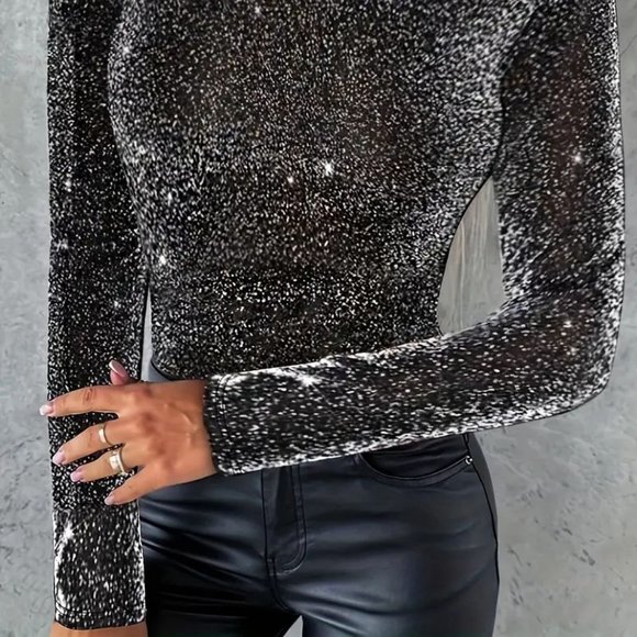 One Shoulder Chain Buckle Sparkly Glitter Top Shirt black silver M - Picture 6 of 9
